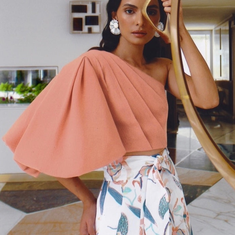 No Pise La Grama La Enamorada Top (Sz XS) One Shoulder Puff Sleeve Rose Khaki - Picture 1 of 15